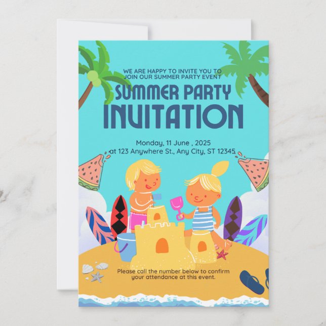 Cute Kids Beach Summer Party Invitation | Fun Sand (Front)