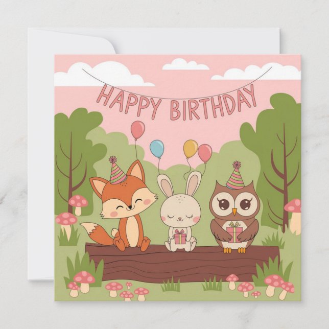 Cute Kids' Birthday Design with Fox, Bunny & Owl Holiday Card (Front)