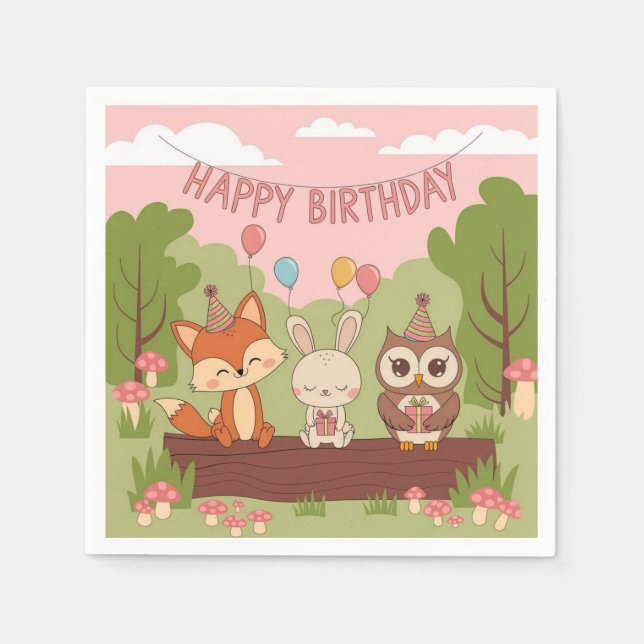 Cute Kids' Birthday Design with Fox, Bunny & Owl Napkin (Front)