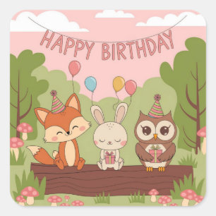 Cute Kids' Birthday Design with Fox, Bunny & Owl Square Sticker