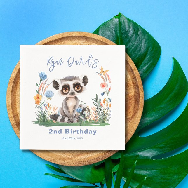 Cute Kids Birthday Party Napkins (Safari Jungle Tropical Greenery Flowers Colorful Monkey 2nd Birthday Napkin)