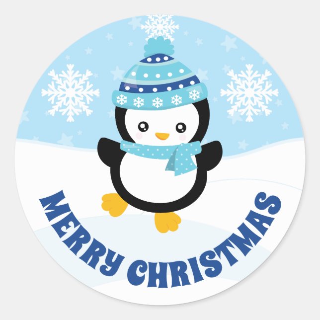 Cute Kids Blue Hat Penguin Merry Christmas Classic Round Sticker (Front)