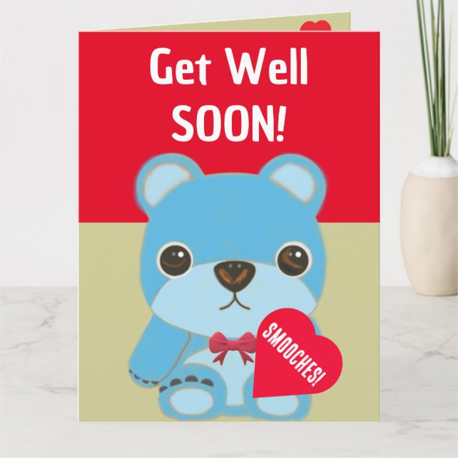 Cute Kids Blue Teddy Bear with Heart Get Well Soon Card (Front)