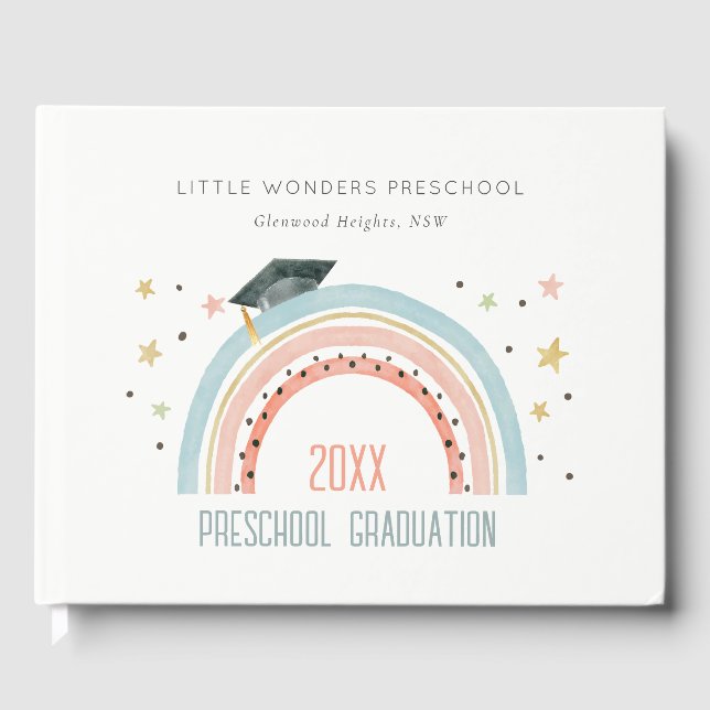 Cute Kids Boho Rainbow Stars Preschool Graduation Guest Book (Front)