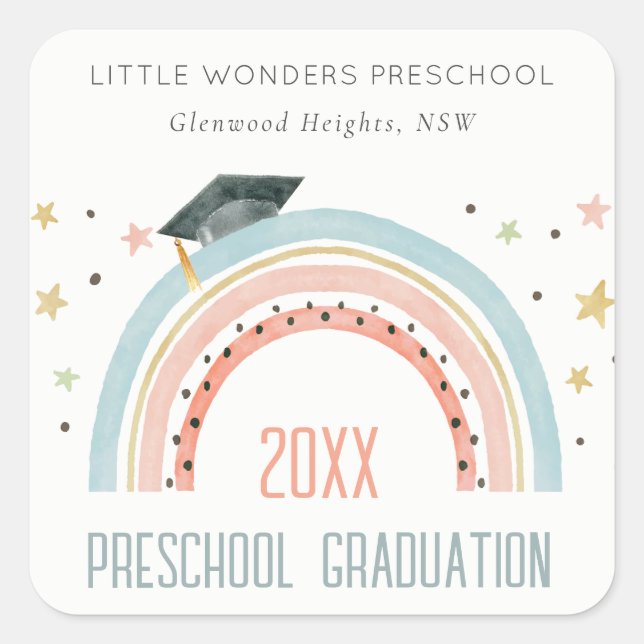 Cute Kids Boho Rainbow Stars Preschool Graduation Square Sticker (Front)