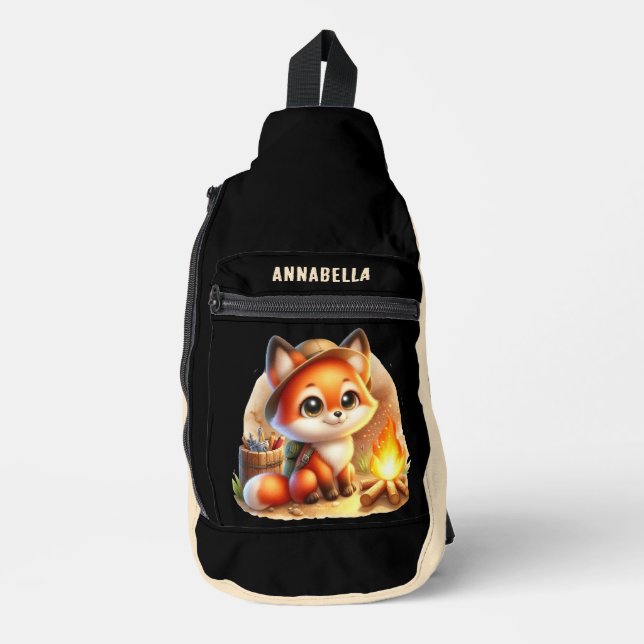Cute kids camping fox add name sling bag (Front)
