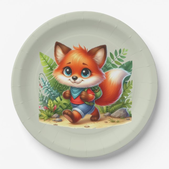 Cute kids Camping & Hiking fox party  Paper Plate (Front)