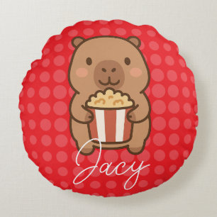 Cute Kids Capybara eating popcorn Round Pillow