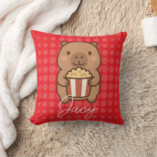 Cute Kids Capybara eating popcorn Throw Pillow