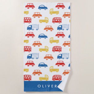 Cute Kids Cars Pattern Monogram Beach Towel