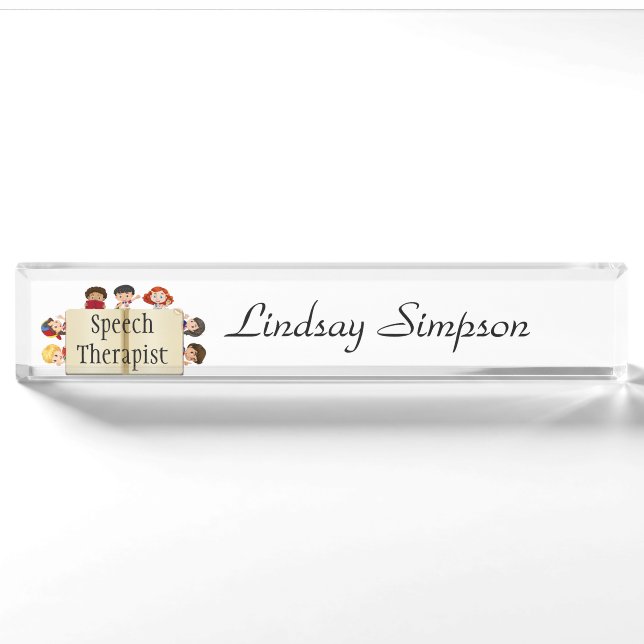 Cute Kids Cartoon Book Speech Therapist Nameplate (Front)