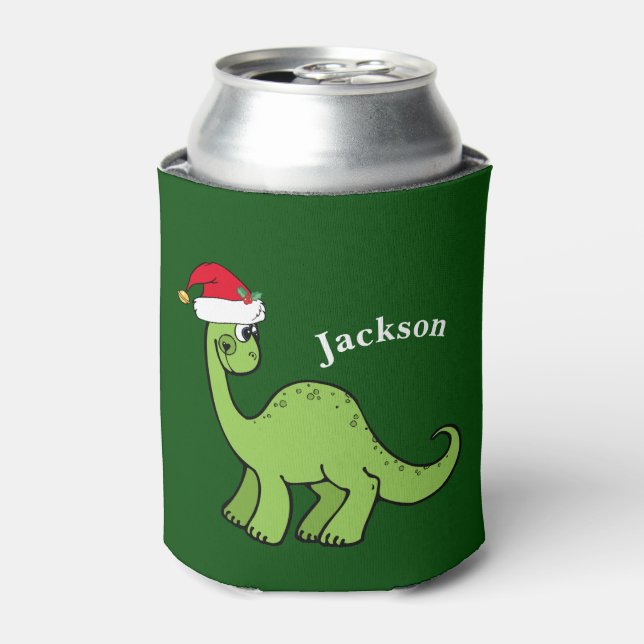 Cute Kids Christmas Dinosaur Green Personalized Can Cooler (Can Front)