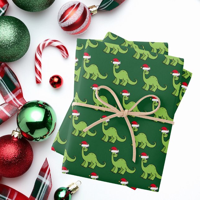 Cute Kids Christmas Dinosaur Santa Green Holiday Wrapping Paper Sheet (Creator Uploaded)