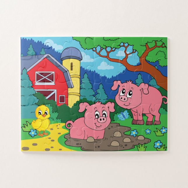 Cute Kids Colourful Farm Homestead Animals - Pigs Jigsaw Puzzle (Horizontal)