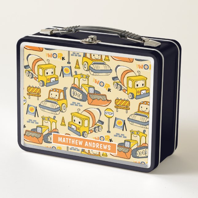Cute Kids Construction Vehicles Personalized Name Metal Lunch Box (Front)