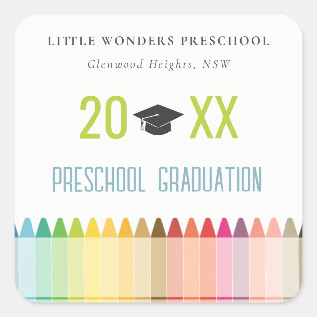 Cute Kids Crayon Fun Rainbow Preschool Graduation Square Sticker (Front)
