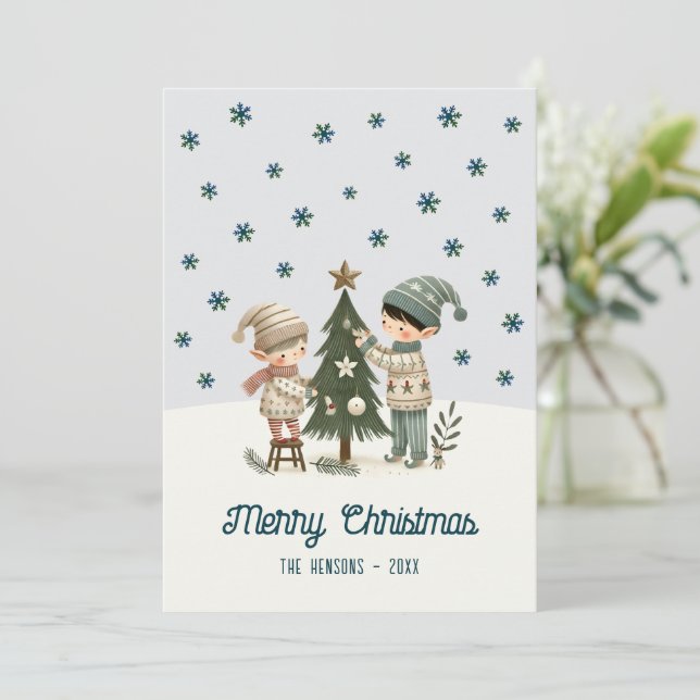 Cute Kids Decorating Chistmas Tree Drawing  Holiday Card (Standing Front)