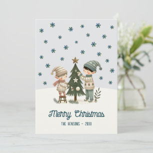 Cute Kids Decorating Chistmas Tree Drawing  Holiday Card