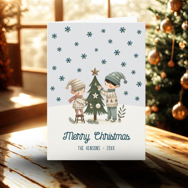 Cute Kids Decorating Chistmas Tree Drawing  Holiday Card (Creator Uploaded)