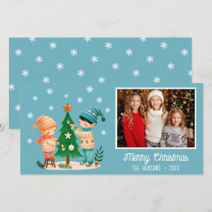 Cute Kids Decorating Chistmas Tree Photo Holiday Card