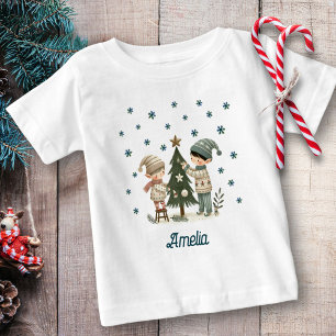 Cute Kids Decorating Christmas Tree Drawing Baby T-Shirt