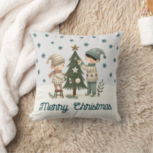 Cute Kids Decorating Christmas Tree Drawing  Throw Pillow