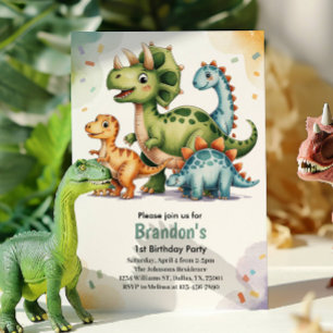 Cute Kids Dinosaur 1st Birthday Party Invitation