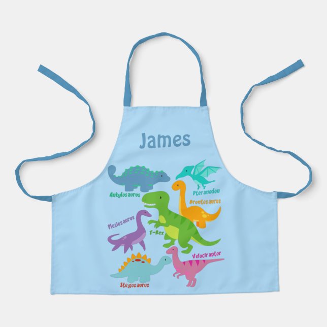 Cute Kids Dinosaur And Names Blue Apron (Front)