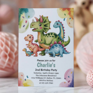 Cute Kids Dinosaur Theme 2nd Birthday Party  Invitation