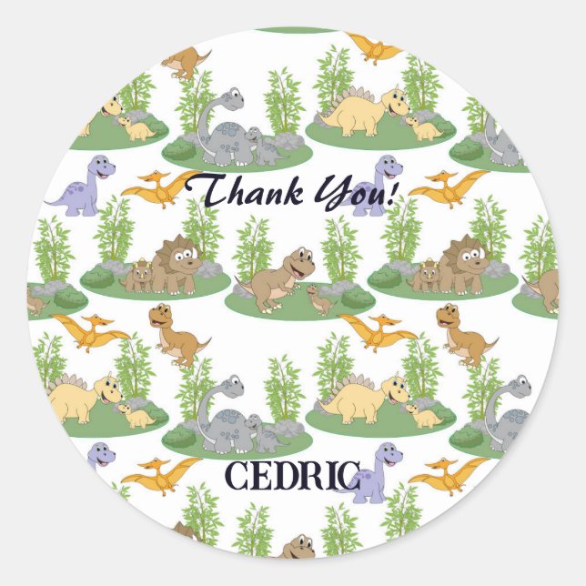 Cute Kids' Dinosaur Tree Pattern Thank You Classic Round Sticker (Front)