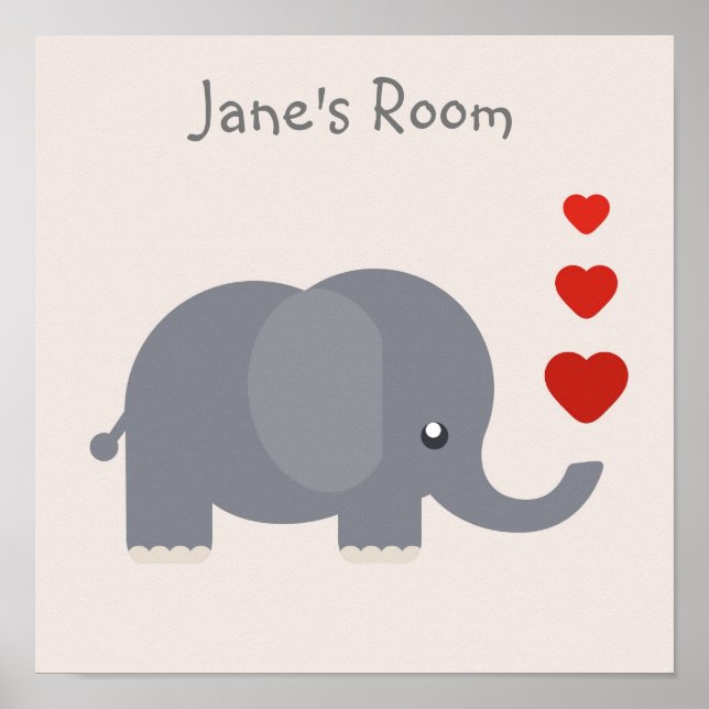 Cute kid's elephant with hearts customizable name poster (Front)
