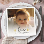 Cute Kid's First Birthday Party Custom Photo Napkin<br><div class="desc">Make your child's first birthday extra special with our cute custom photo cocktail napkins! Featuring the word 'ONE' and adorable hand-drawn gold hearts. Perfect for celebrating milestones! Fully Customizable to any birthday year,  date and name.</div>