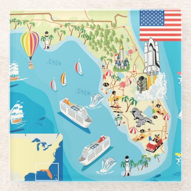 Cute Kids Florida Map Glass Coaster (Front)