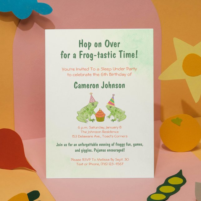 Cute Kids Frog Birthday Party Invitation (This cute frog birthday invitation features my own hand-drawn amphibians, sporting birthday hats!)