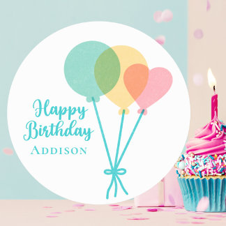 Cute Kids Girls Rainbow Balloons Happy Birthday Classic Round Sticker