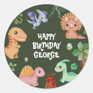 Cute Kids Green Dino Birthday Party Classic Round Sticker