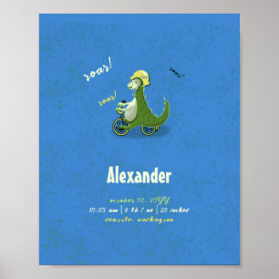 Cute Kids Green Dinosaur on Trike Boy Birth Stats Poster