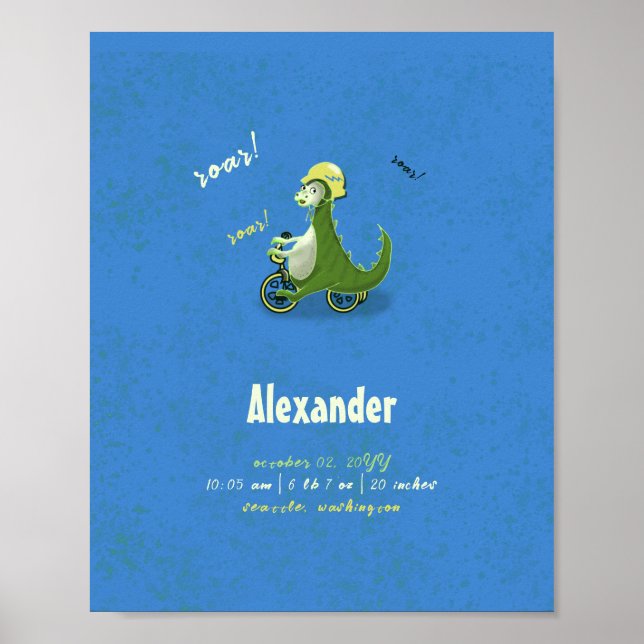 Cute Kids Green Dinosaur on Trike Boy Birth Stats Poster (Front)