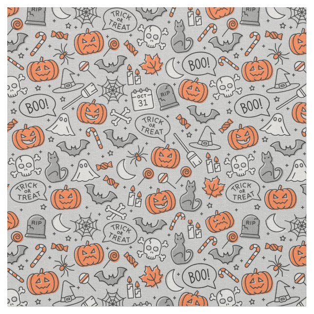 Cute Kids Halloween Doodle Pattern Fabric (Close Up)