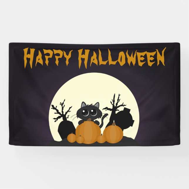 Cute Kids Halloween Party Black Cat Graveyard Banner (Horizontal)