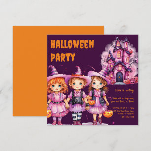 Cute Kids Halloween Party in pink and orange Invitation