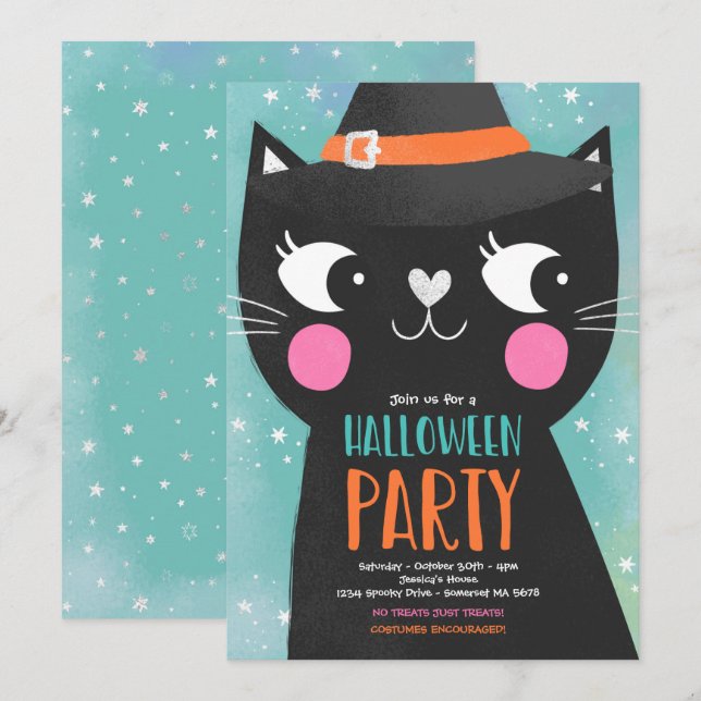 Cute Kids Halloween Party Witches Cat Spooky Invitation (Front/Back)