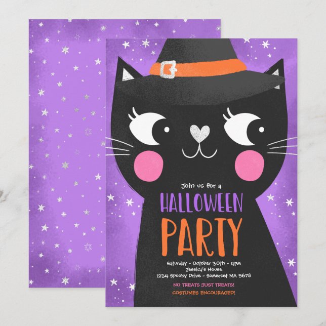 Cute Kids Halloween Party Witches Cat Spooky Invitation (Front/Back)