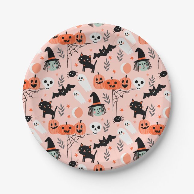 Cute Kids Halloween pattern pink Paper Plate (Front)