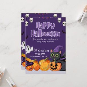 Cute Kids Happy Halloween Black Cat  Invitation