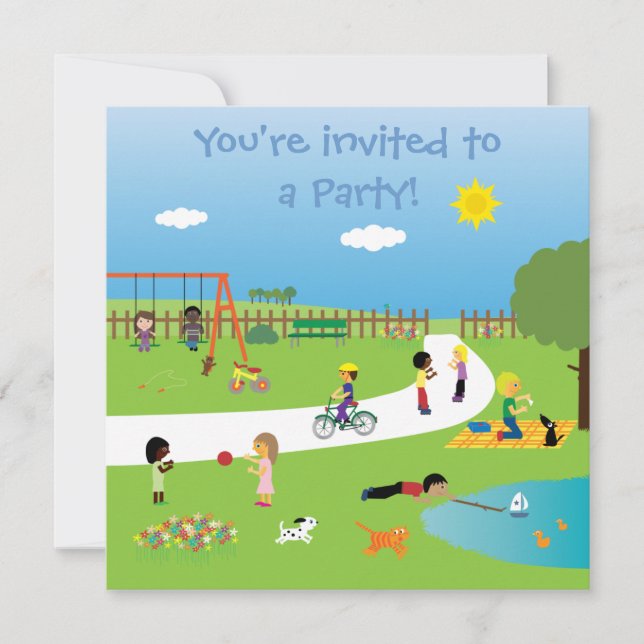 Cute Kids In The Park Colourful Customizable Party Invitation (Front)