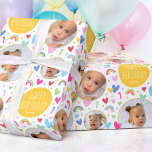 Cute Kids Ist Birthday Rainbow Photo Hearts Yellow Wrapping Paper<br><div class="desc">Celebrate the magic of turning one with this cute personalized gift wrap! A fun and colourful design featuring three of your favourite photos and lots of rainbows, hearts and stars! White type with the words "Happy Birthday" and the recipient's name are clearly displayed on a circular panel, and the all-important...</div>