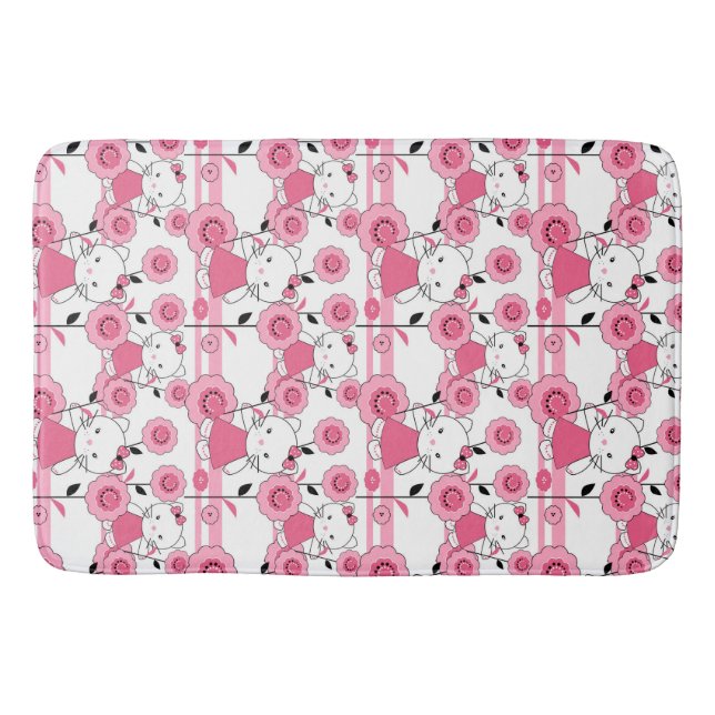 Cute kids kitten cat pink white print bath mat (Front)