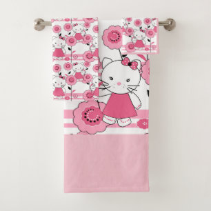 Cute kids kitten cat pink white print bath towel set