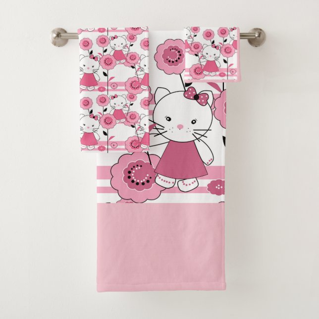Cute kids kitten cat pink white print bath towel set (Insitu)